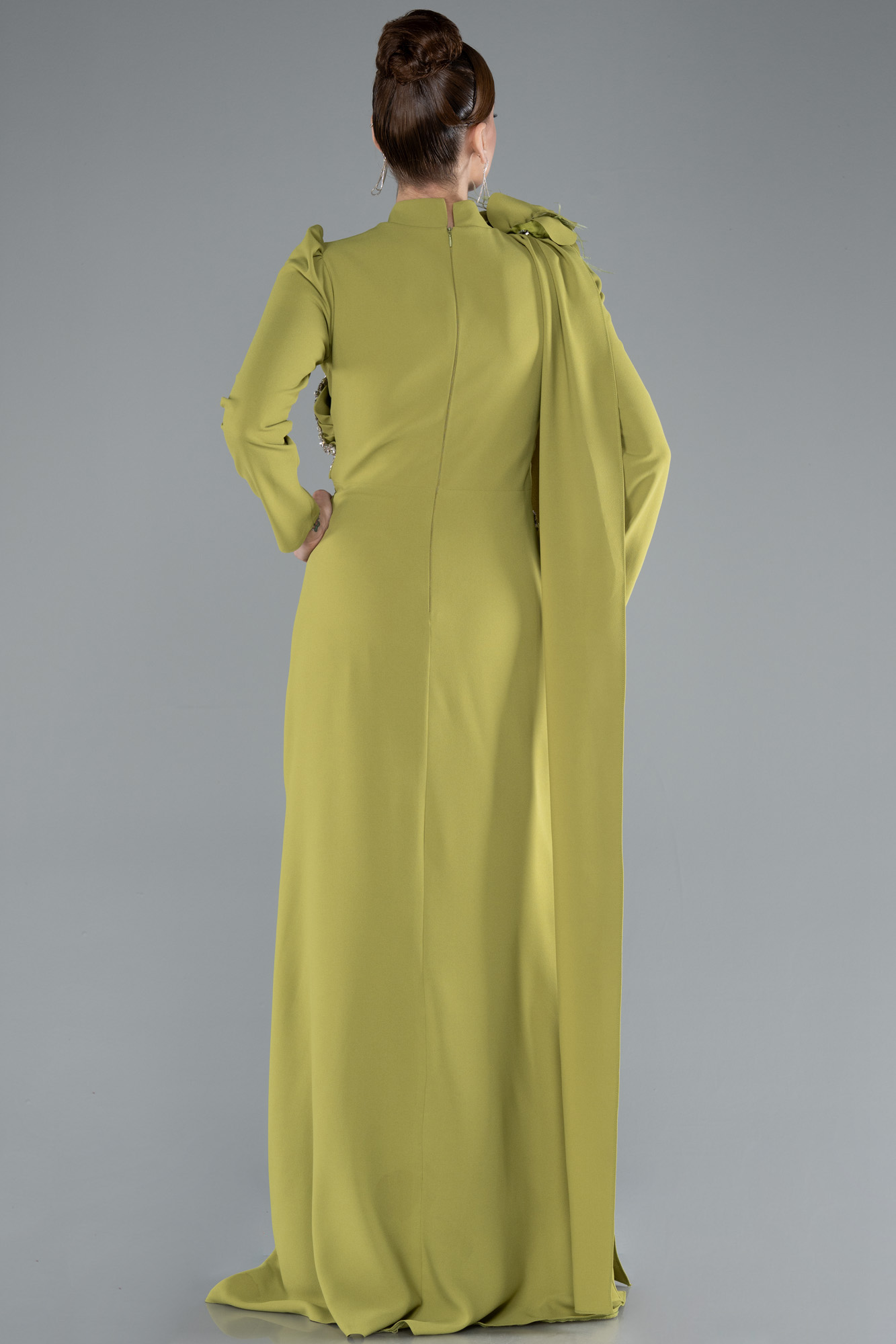 Fıstık Yeşili Dik Yaka Uzun Kol Şallı Tesettür Abiye ABU4934 - Görsel 2