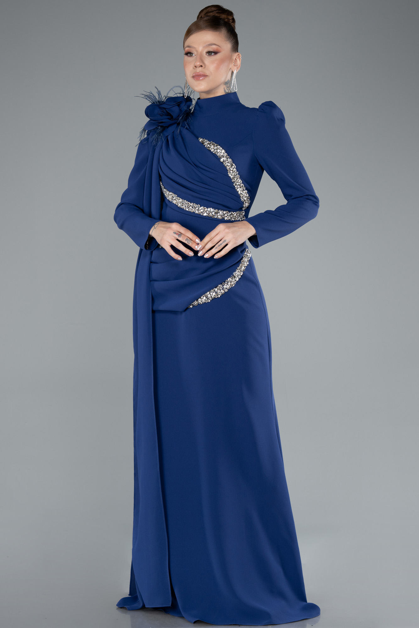 Parlement Dik Yaka Uzun Kol Şallı Tesettür Abiye ABU4934