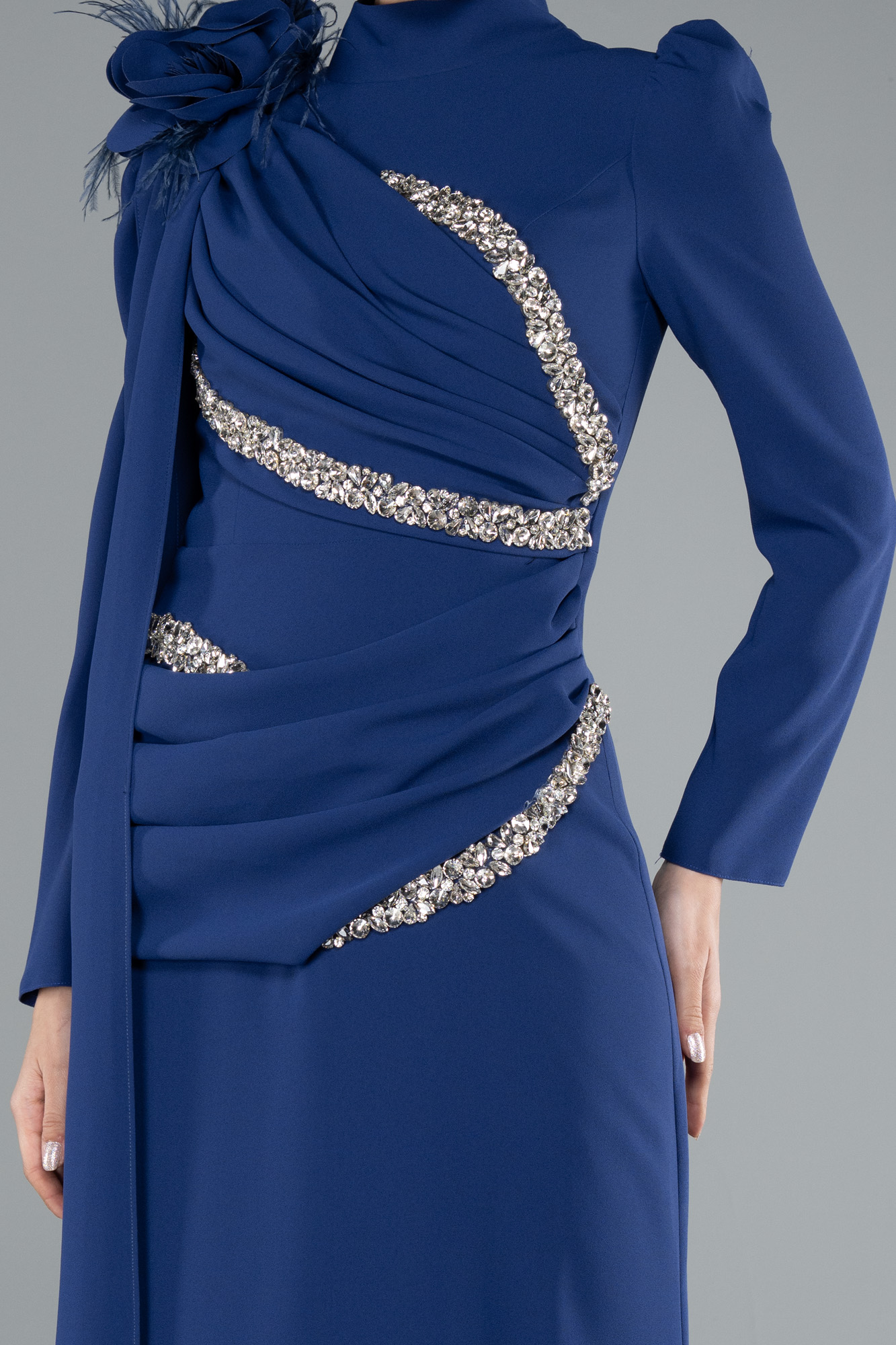 Parlement Dik Yaka Uzun Kol Şallı Tesettür Abiye ABU4934 - Görsel 3