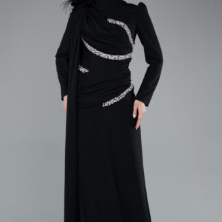 Siyah Dik Yaka Uzun Kol Şallı Tesettür Abiye ABU4934