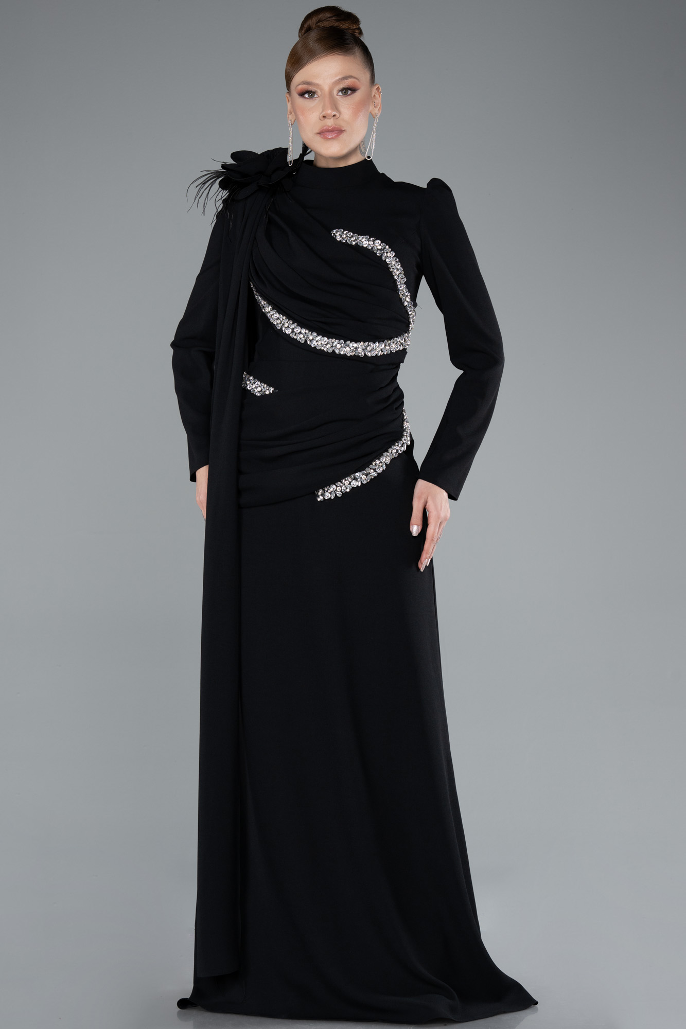 Siyah Dik Yaka Uzun Kol Şallı Tesettür Abiye ABU4934