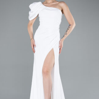 Ekru Tek Omuz Bacak Dekolteli Uzun Şifon Balık Abiye ABU4091