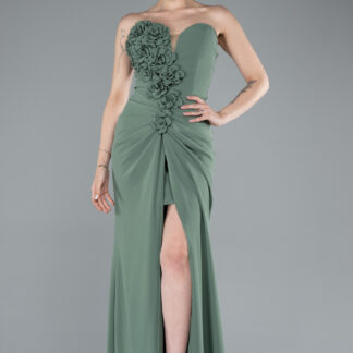 Haki Straplez Bacak Dekolteli Uzun Abiye Elbise ABU4213