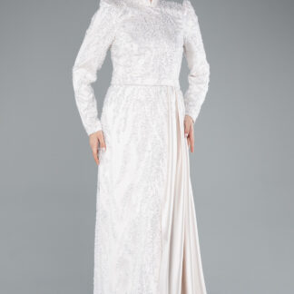 Bej Dik Yaka Uzun Kol Boncuklu Tesettür Abiye ABU4941