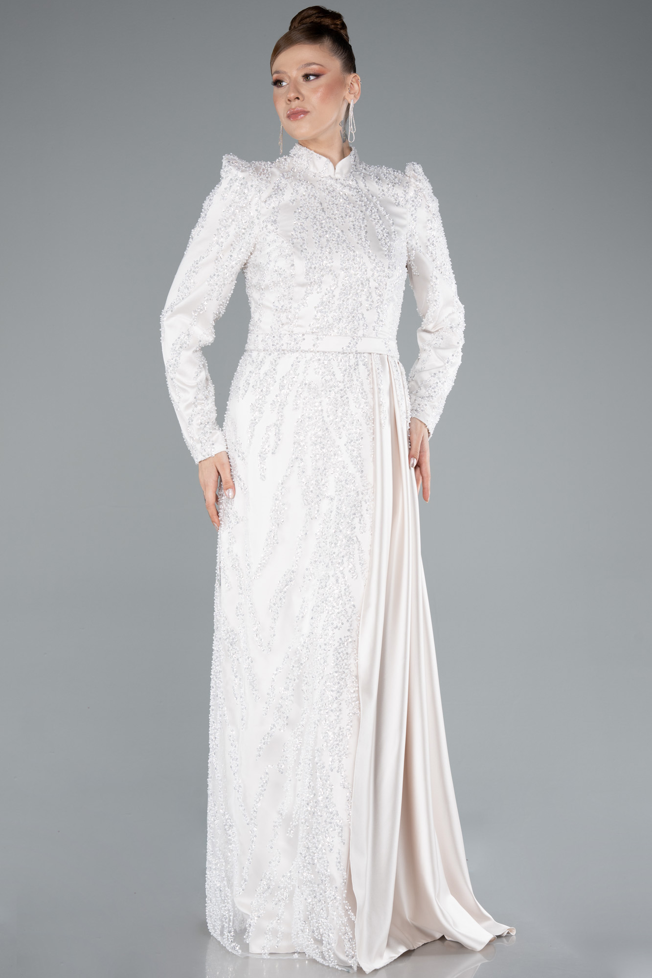 Bej Dik Yaka Uzun Kol Boncuklu Tesettür Abiye ABU4941