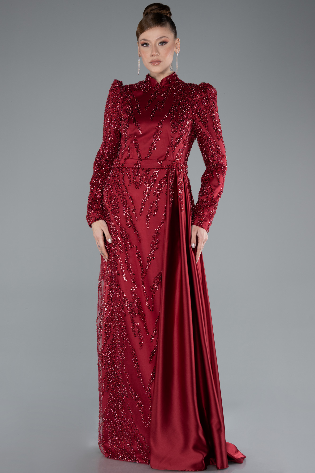 Bej Dik Yaka Uzun Kol Boncuklu Tesettür Abiye ABU4941 - Görsel 5