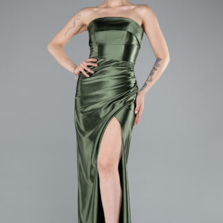 Haki Straplez Bacak Dekolteli Uzun Mezuniyet Elbisesi ABU4944