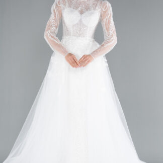 Ekru Uzun Kol Dik Yaka Kuyruklu Balık Gelinlik ABG131