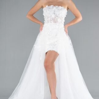 Ekru Straplez Çiçek Aplikeli Uzun Kuyruklu Mini Gelinlik ABG132