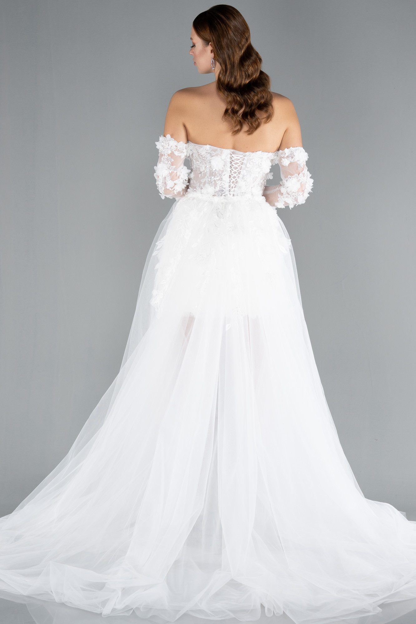 Ekru Straplez Çiçek Aplikeli Uzun Kuyruklu Mini Gelinlik ABG132 - Görsel 2