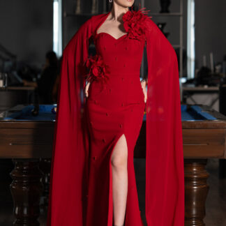 Kırmızı Şifon Pelerin Kol Yırtmaçlı Uzun Balık Abiye ABU4927