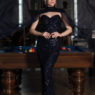 Lacivert Tül Pelerinli Straplez Uzun Pullu Abiye ABU4910