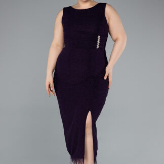 Koyu Mor Kolsuz Yırtmaçlı Midi Büyük Beden Abiye ABK2338