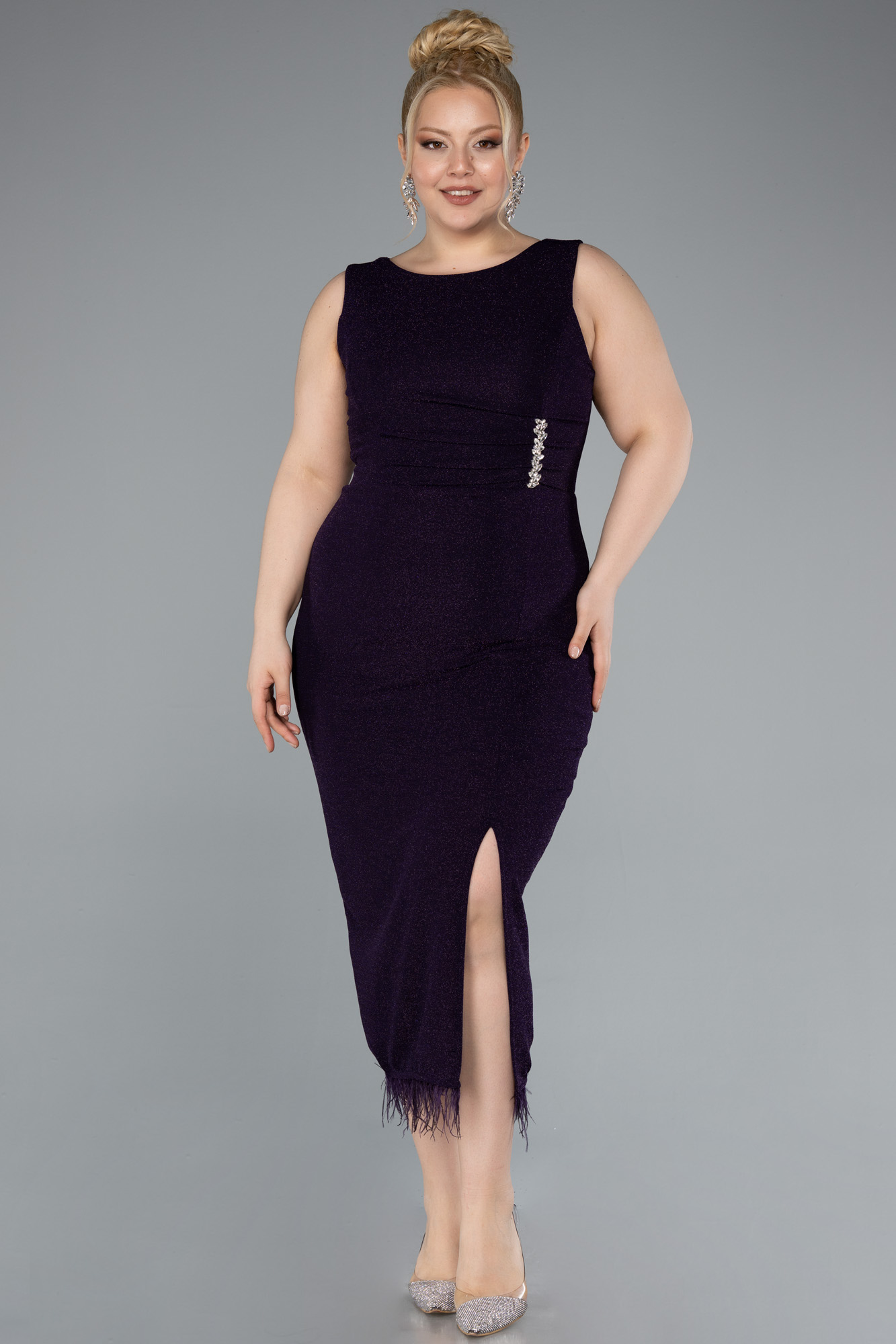 Koyu Mor Kolsuz Yırtmaçlı Midi Büyük Beden Abiye ABK2338