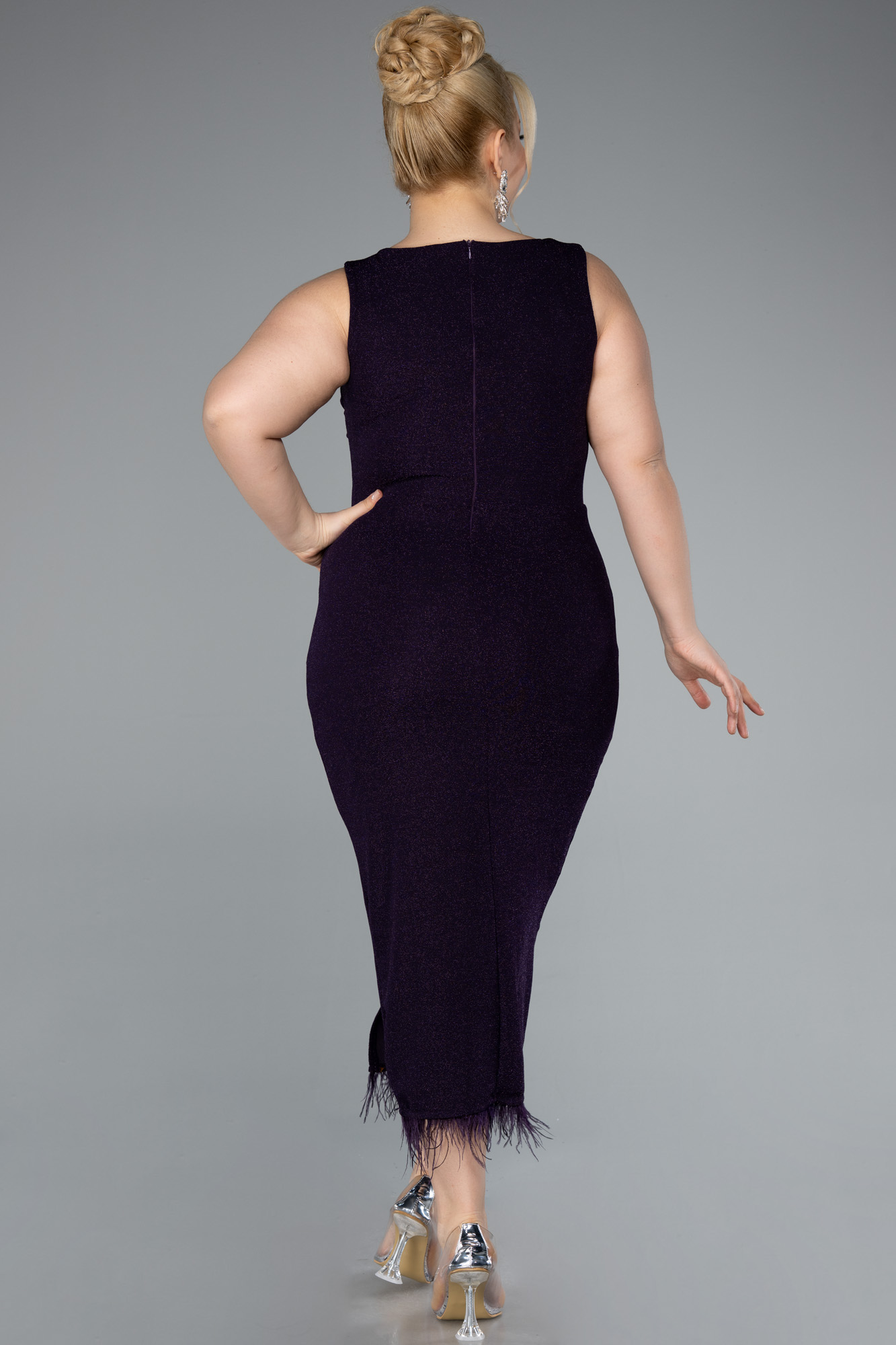 Koyu Mor Kolsuz Yırtmaçlı Midi Büyük Beden Abiye ABK2338 - Görsel 2