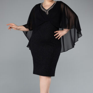 Siyah Kısa Kol Simli Midi Büyük Beden Davet Elbisesi ABK2339