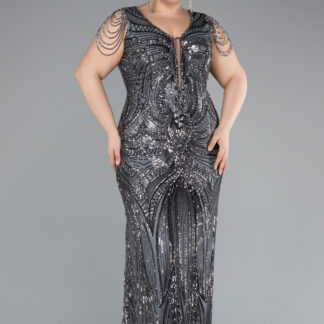 Antrasit Kısa Kol V Yaka Uzun Pul Payet Büyük Beden Abiye ABU4952