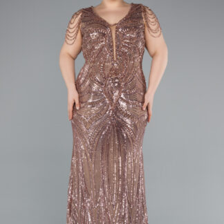 Bakır Kısa Kol V Yaka Uzun Pul Payet Büyük Beden Abiye ABU4952