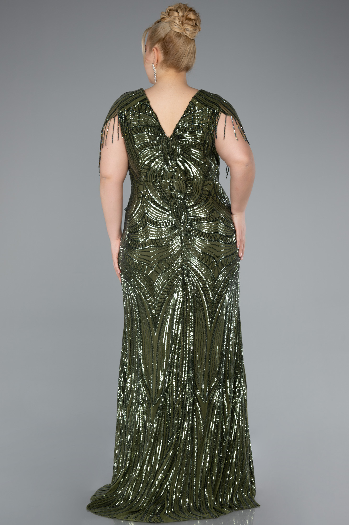 Haki Kısa Kol V Yaka Uzun Pul Payet Büyük Beden Abiye ABU4953 - Görsel 2