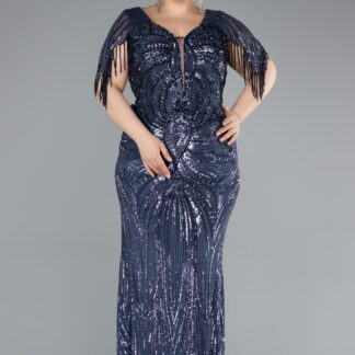 İndigo Kısa Kol V Yaka Uzun Pul Payet Büyük Beden Abiye ABU4953