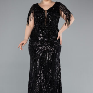 Siyah Kısa Kol V Yaka Uzun Pul Payet Büyük Beden Abiye ABU4953