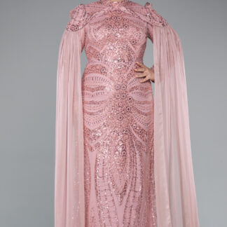 Pudra Boncuklu Dik Yaka Uzun Kol Büyük Beden Tesettür Abiye ABU4935