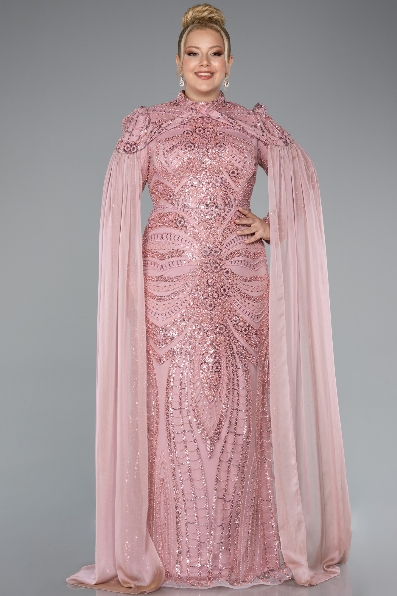 Pudra Boncuklu Dik Yaka Uzun Kol Büyük Beden Tesettür Abiye ABU4935