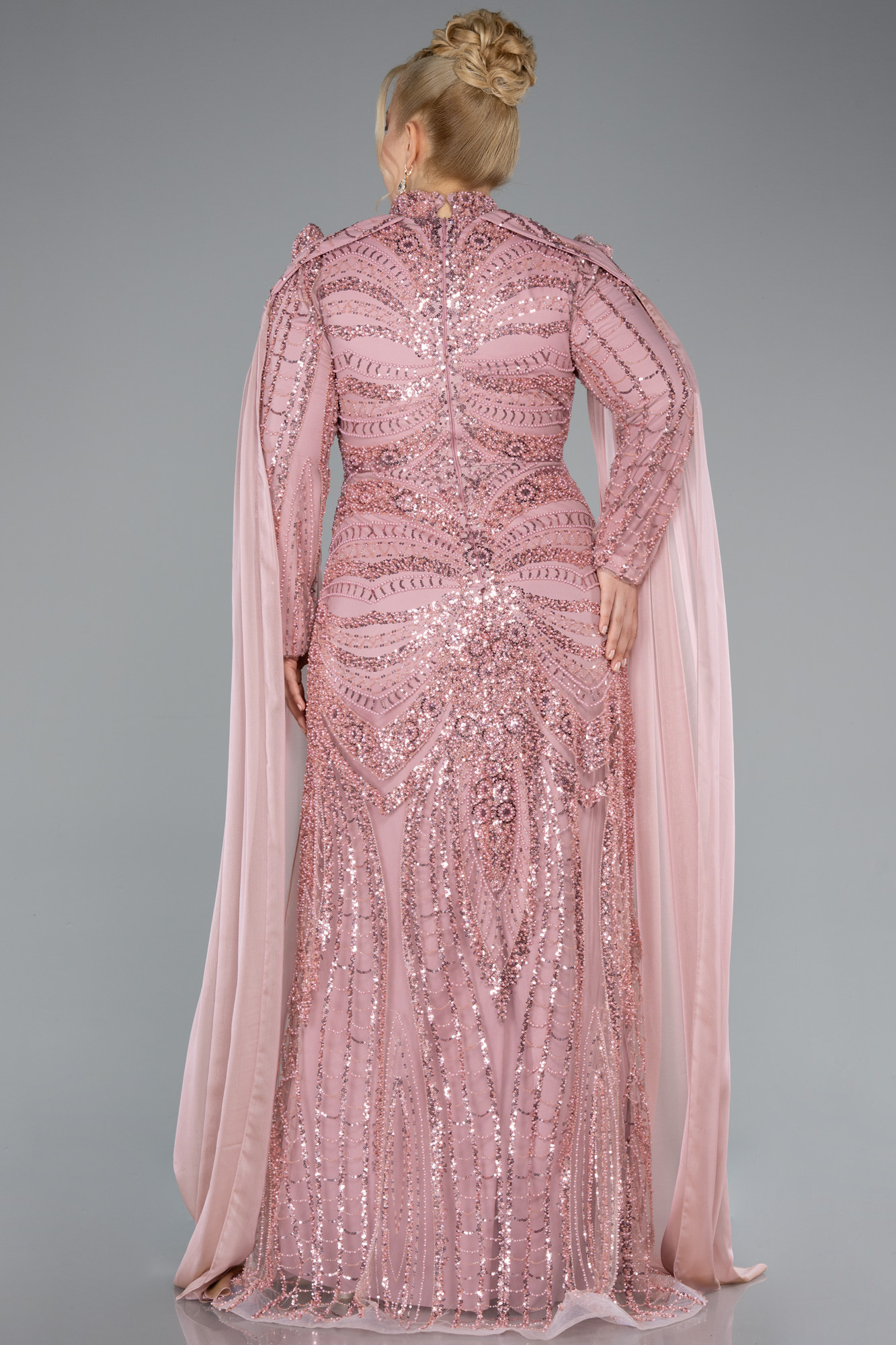 Pudra Boncuklu Dik Yaka Uzun Kol Büyük Beden Tesettür Abiye ABU4935 - Görsel 2