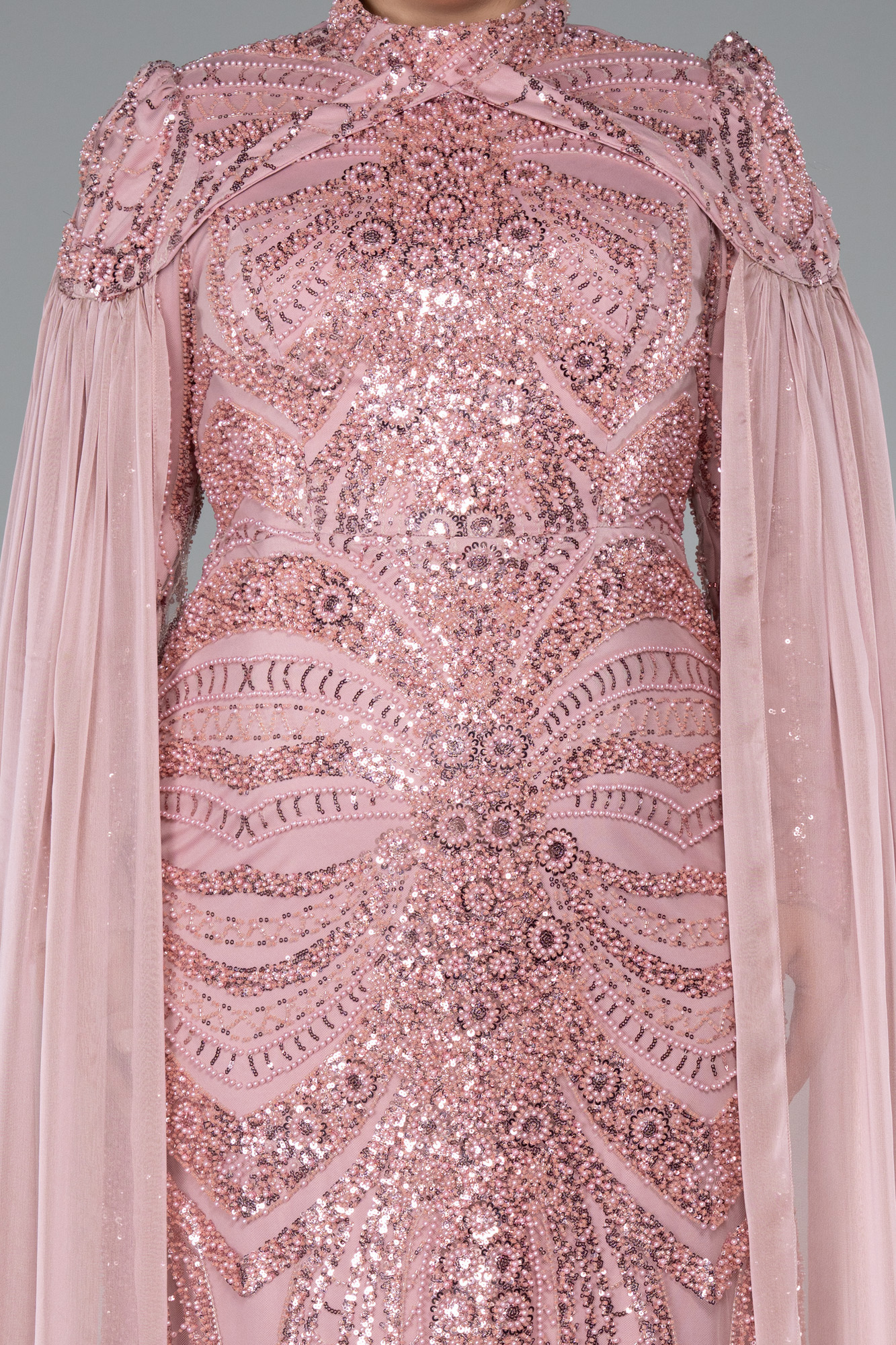 Pudra Boncuklu Dik Yaka Uzun Kol Büyük Beden Tesettür Abiye ABU4935 - Görsel 3