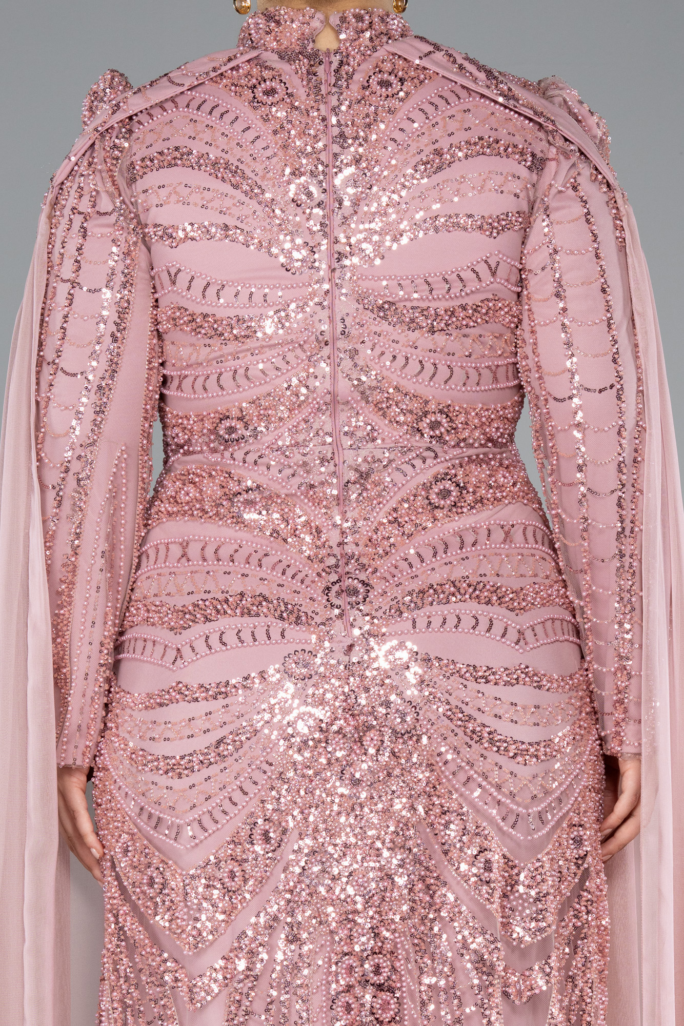 Pudra Boncuklu Dik Yaka Uzun Kol Büyük Beden Tesettür Abiye ABU4935 - Görsel 4