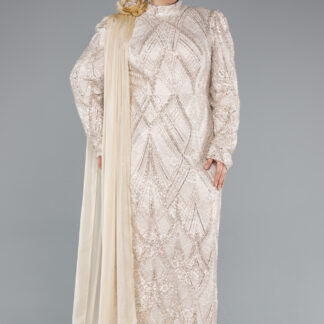 Bej Taşlı Dik Yaka Uzun Büyük Beden Tesettür Abiye ABU4937