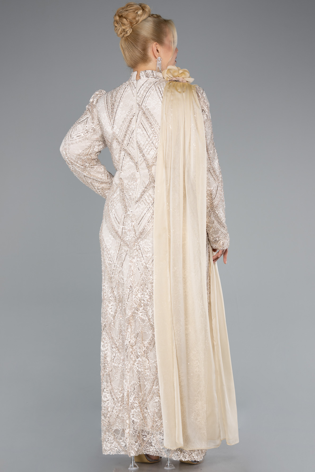 Bej Taşlı Dik Yaka Uzun Büyük Beden Tesettür Abiye ABU4937 - Görsel 2