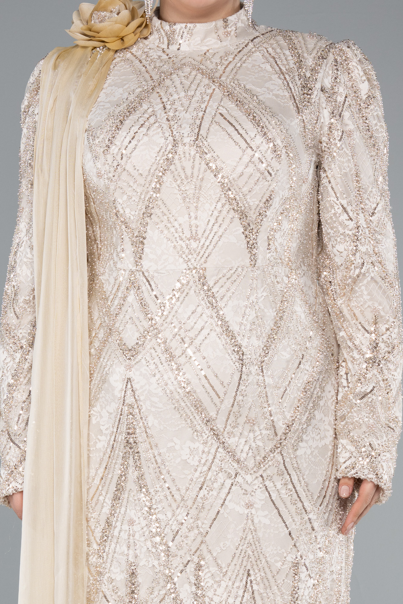 Bej Taşlı Dik Yaka Uzun Büyük Beden Tesettür Abiye ABU4937 - Görsel 3