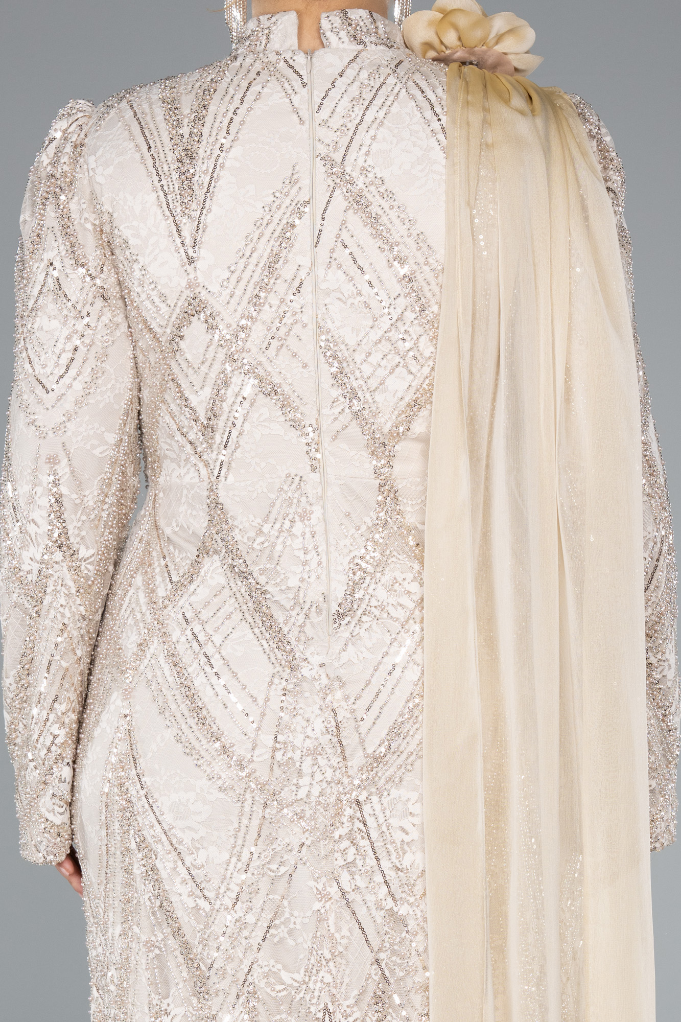 Bej Taşlı Dik Yaka Uzun Büyük Beden Tesettür Abiye ABU4937 - Görsel 4