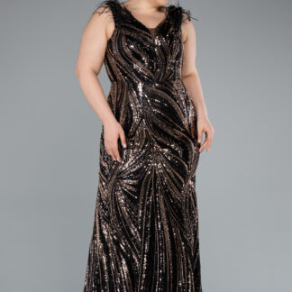 Siyah Kolsuz V Yaka Uzun Boncuklu Büyük Beden Abiye ABU4940