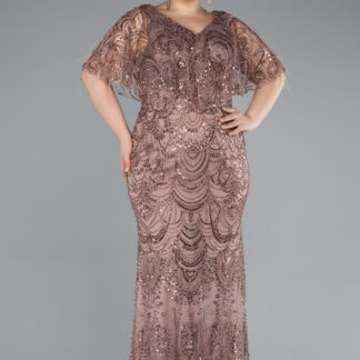 Bakır Kısa Kol V Yaka Boncuklu Uzun Büyük Beden Abiye ABU4950