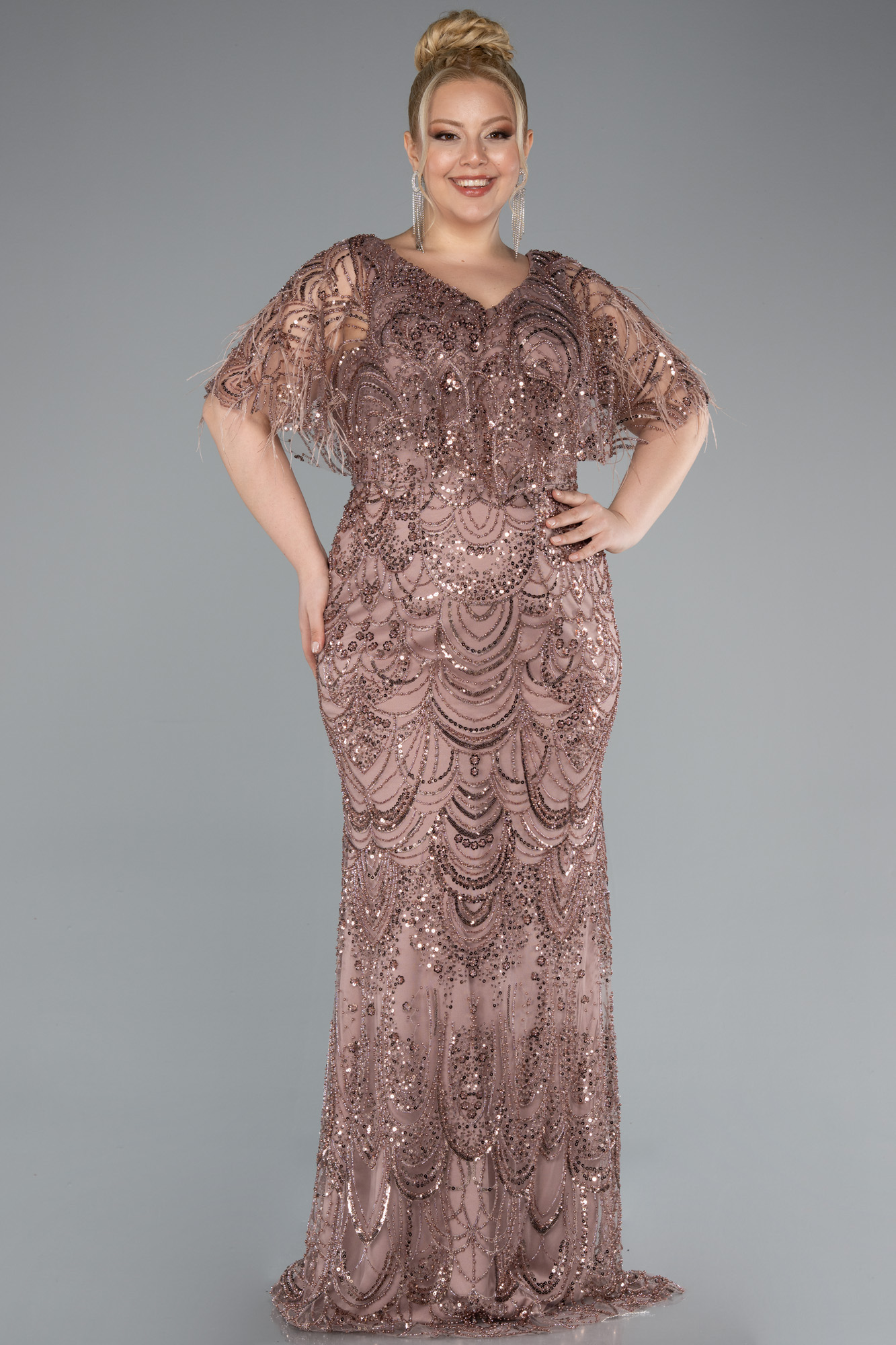 Bakır Kısa Kol V Yaka Boncuklu Uzun Büyük Beden Abiye ABU4950