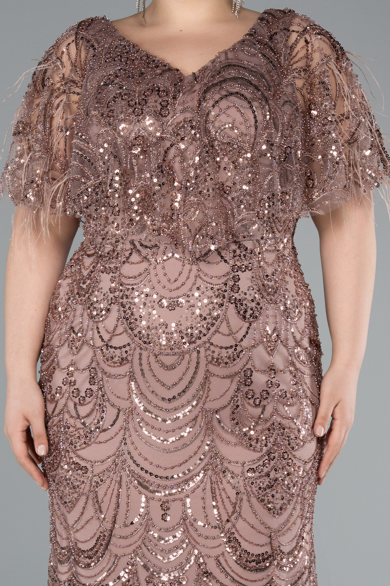 Bakır Kısa Kol V Yaka Boncuklu Uzun Büyük Beden Abiye ABU4950 - Görsel 3