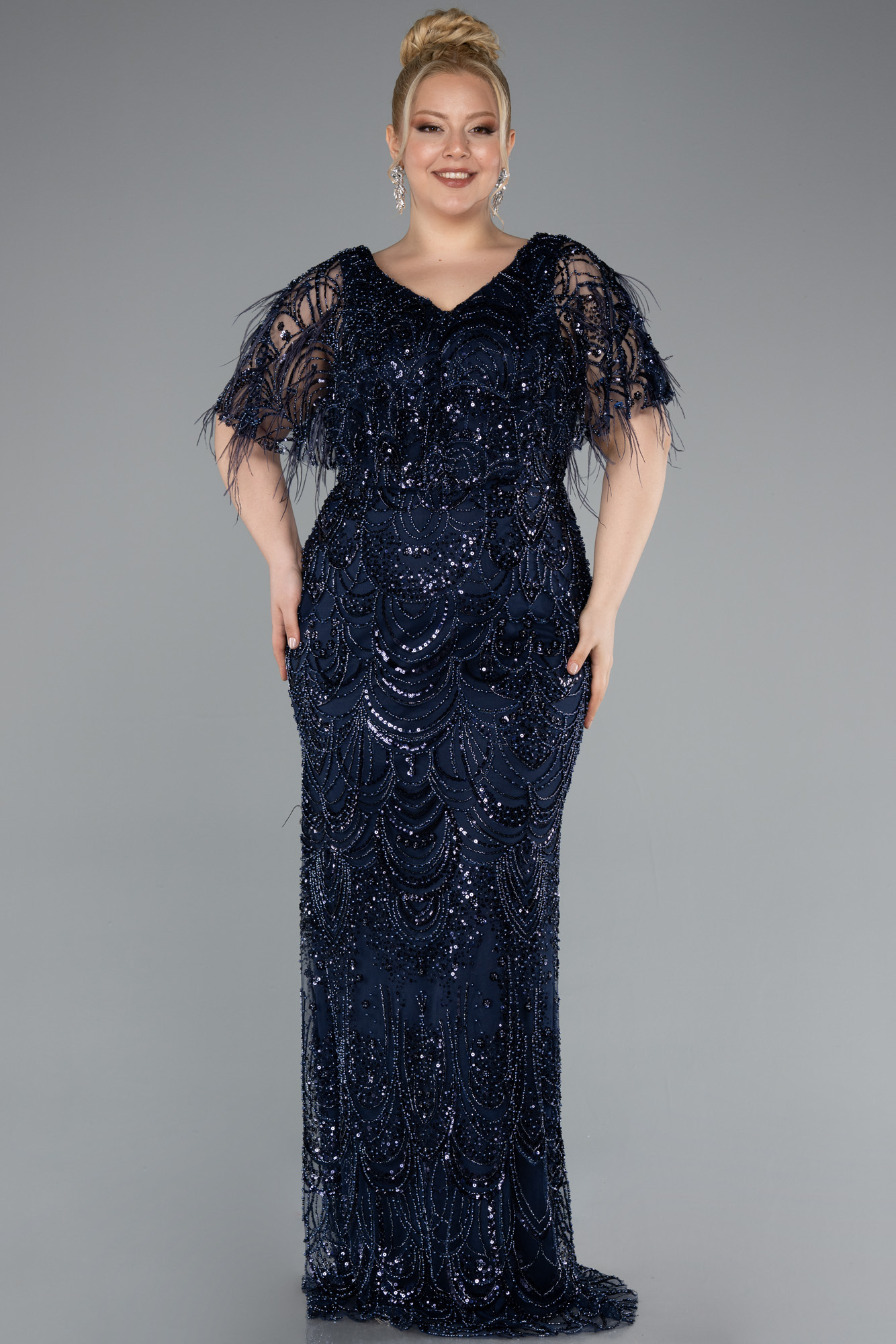 Siyah Kısa Kol V Yaka Boncuklu Uzun Büyük Beden Abiye ABU4950 - Görsel 5