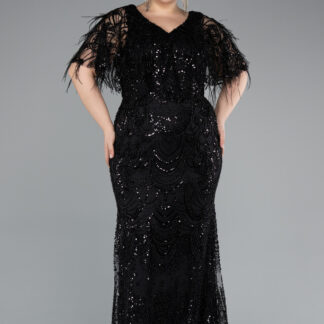 Siyah Kısa Kol V Yaka Boncuklu Uzun Büyük Beden Abiye ABU4950