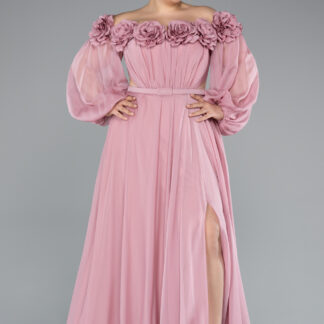 Pudra Kayık Yaka Uzun Kol Büyük Beden Abiye ABU4131