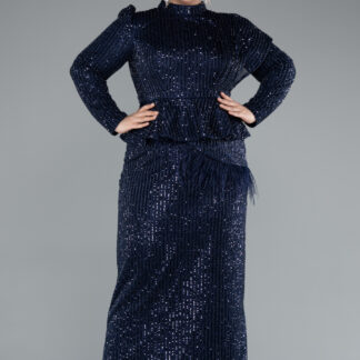 Lacivert Uzun Kol Midi Boncuklu Büyük Beden Tesettür Abiye ABK2294