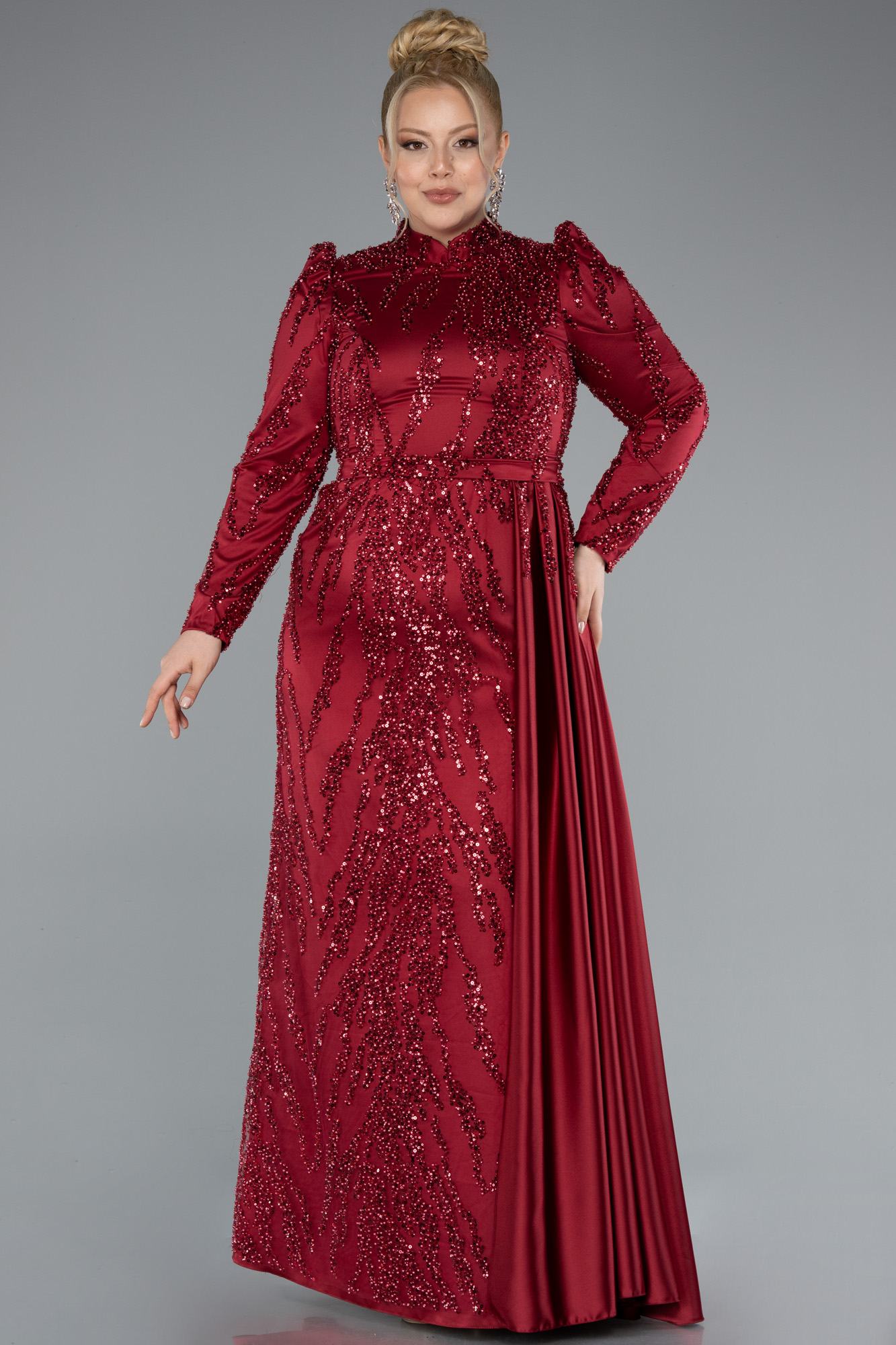 Bej Dik Yaka Boncuklu Uzun Kol Büyük Beden Tesettür Abiye ABU4942 - Görsel 5