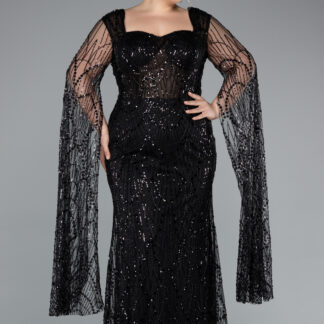 Siyah Uzun Şal Kol Boncuklu Büyük Beden Abiye ABU4945