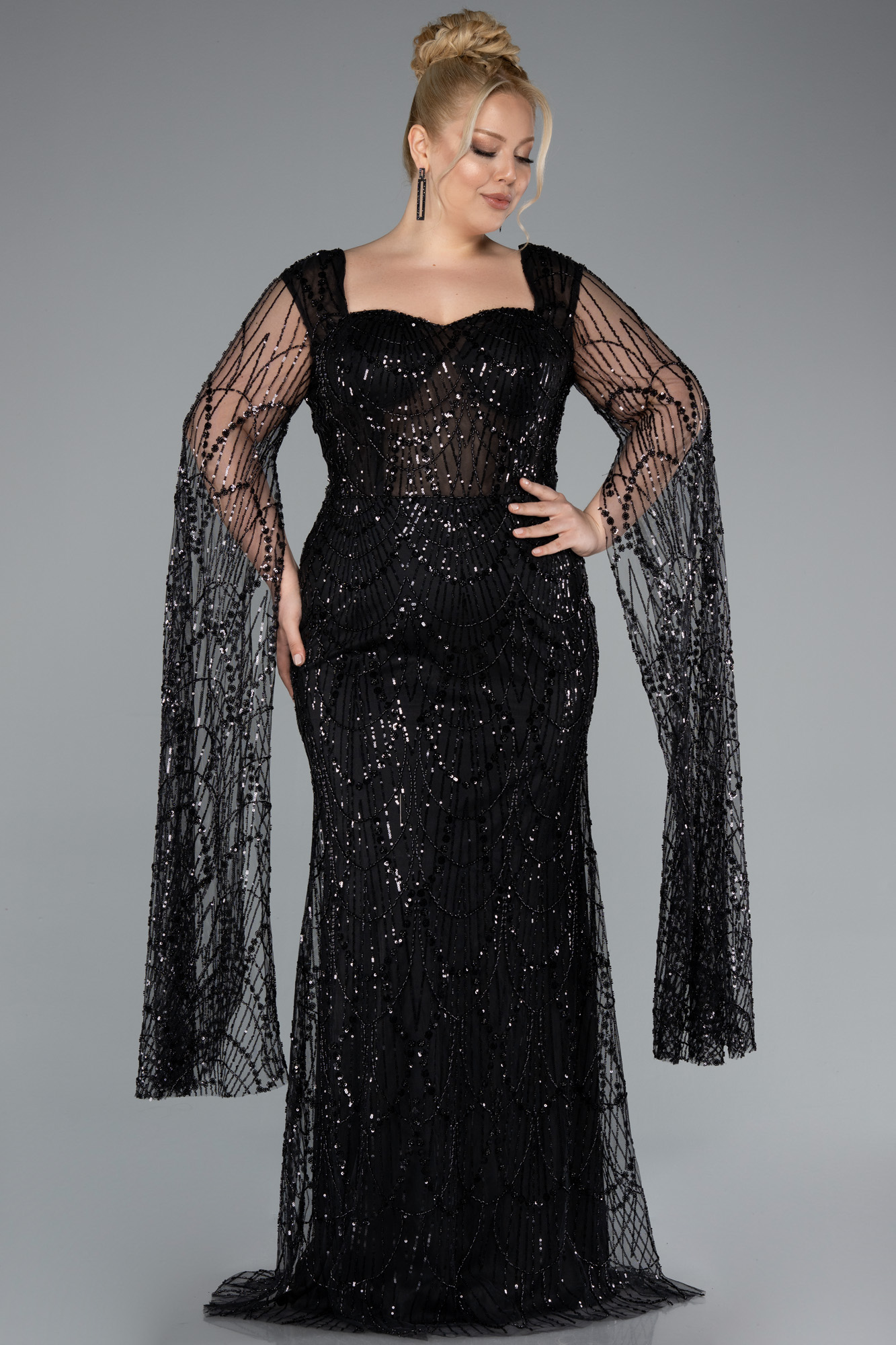 Siyah Uzun Şal Kol Boncuklu Büyük Beden Abiye ABU4945