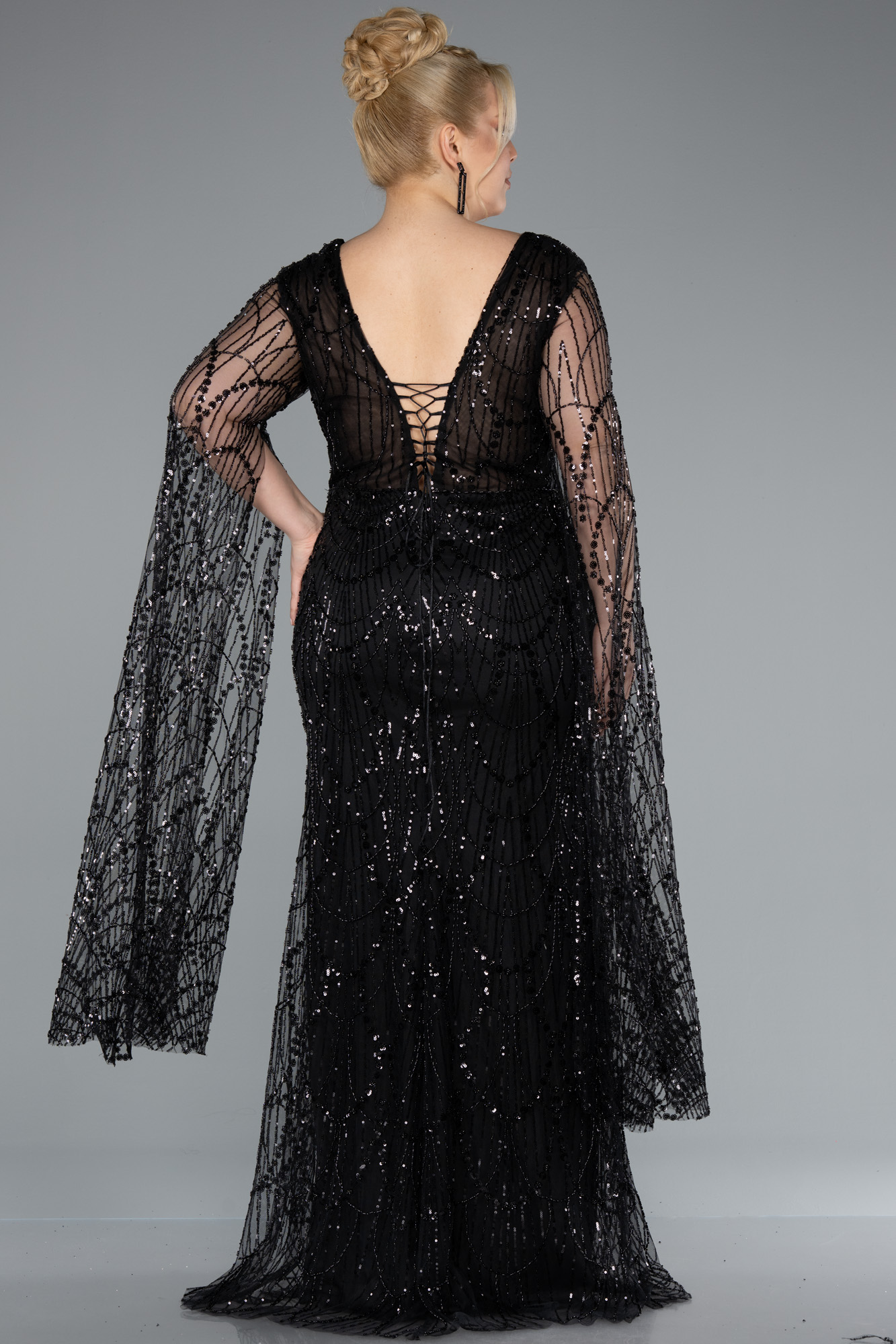 Siyah Uzun Şal Kol Boncuklu Büyük Beden Abiye ABU4945 - Görsel 2