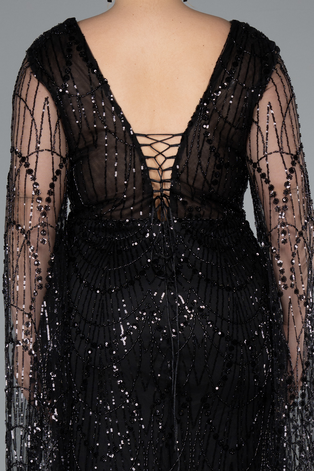 Siyah Uzun Şal Kol Boncuklu Büyük Beden Abiye ABU4945 - Görsel 4