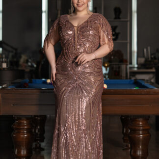 Bakır Kısa Kol V Yaka Uzun Pul Payet Büyük Beden Abiye ABU4953