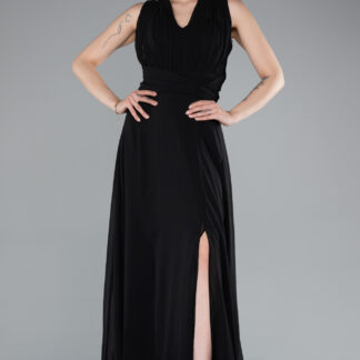 Siyah Bacak Dekolteli Uzun Şifon Mezuniyet Elbisesi ABU4965