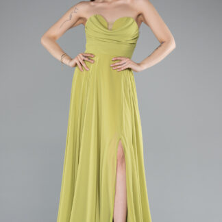 Fıstık Yeşili Straplez Bacak Dekolteli Uzun Şifon Mezuniyet Elbisesi ABU4966